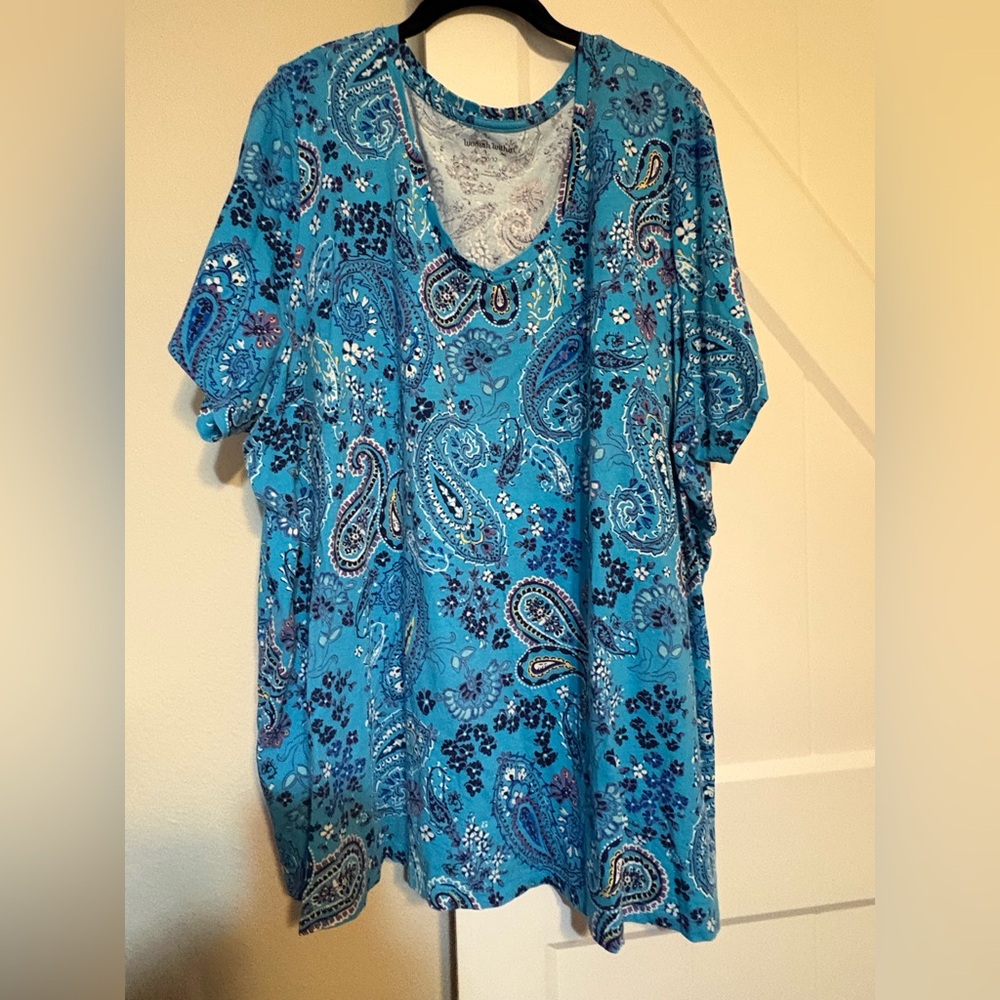 Woman Within Teal Paisley Short Sleeve V-Neck Top